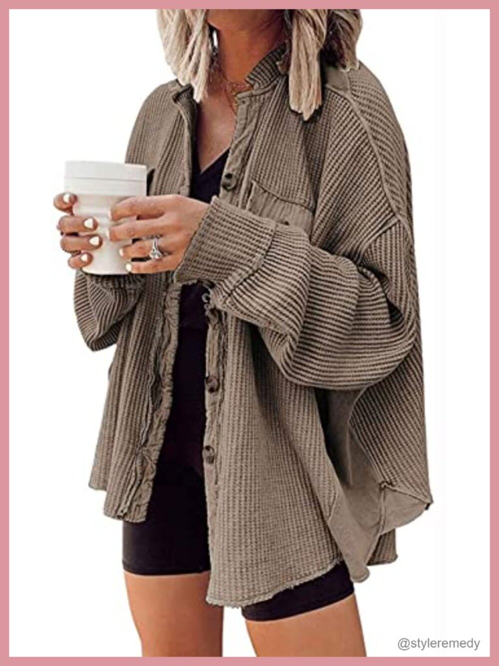 Oversized Waffle Knit Button Down Shacket Long Sleeve Tunic Shirt